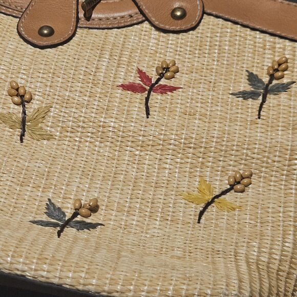 Vtg Fossil Purse Beige Straw Woven Bag Handbag Wooden Handle Boho Floral Beaded - Picture 13 of 13